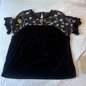 Pleione Black Velvet Top with Floral Embroidery